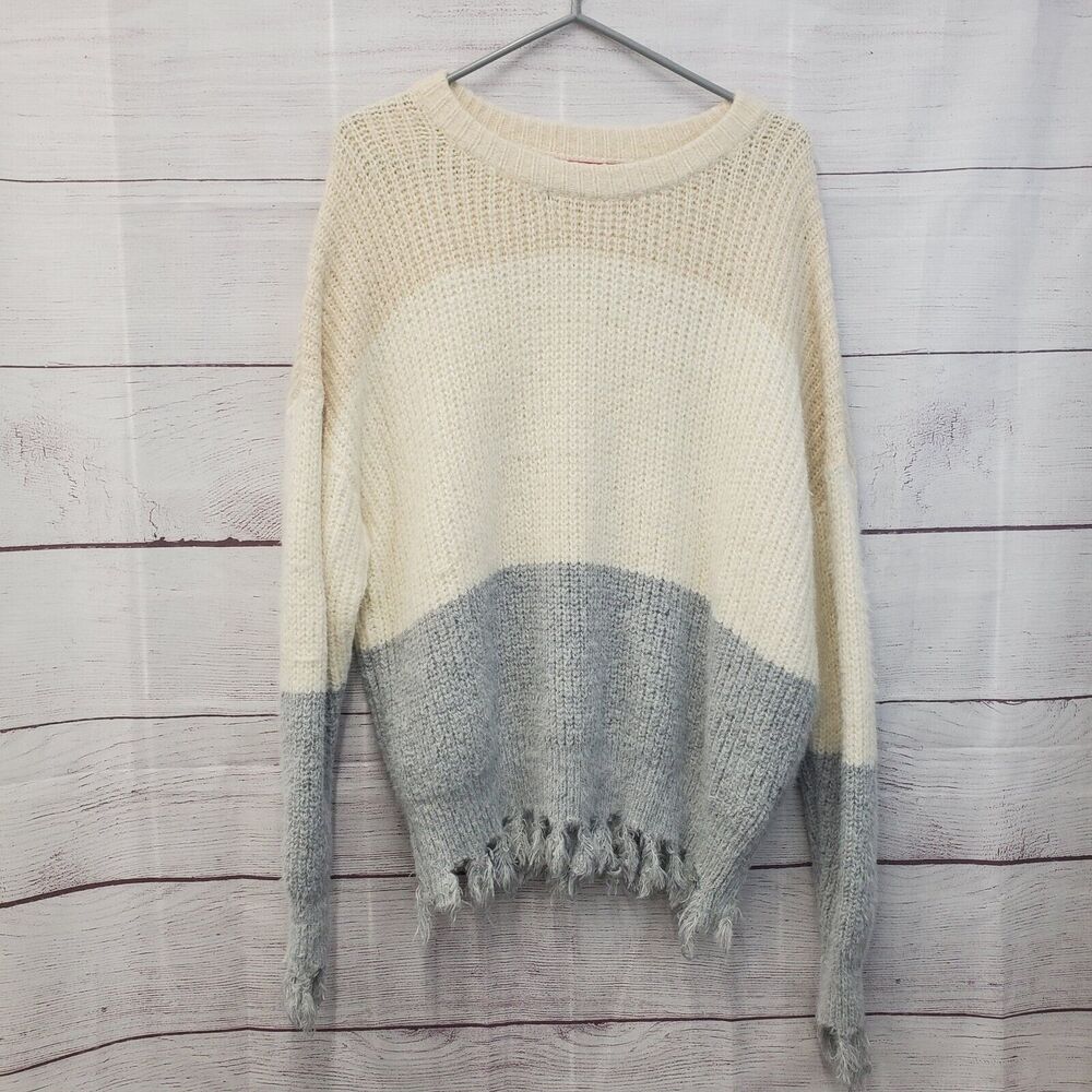 Net. 153 Womens Neutral Colorblock Crew Neck Sweater Fringe Fuzzy Size M/L